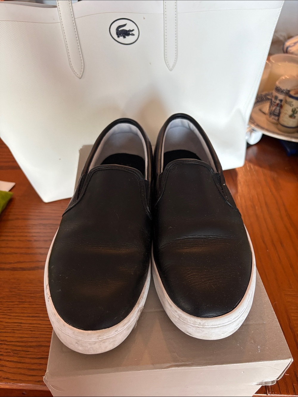 Lacoste Black Slip-On Leather Flats with White Soles